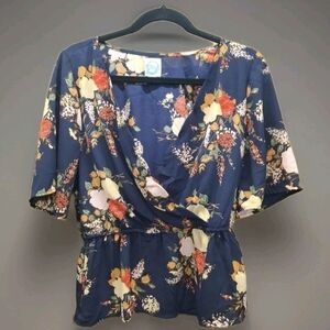 Blue Rain Navy Floral Wrap Flutter Sleeve Top Sz M